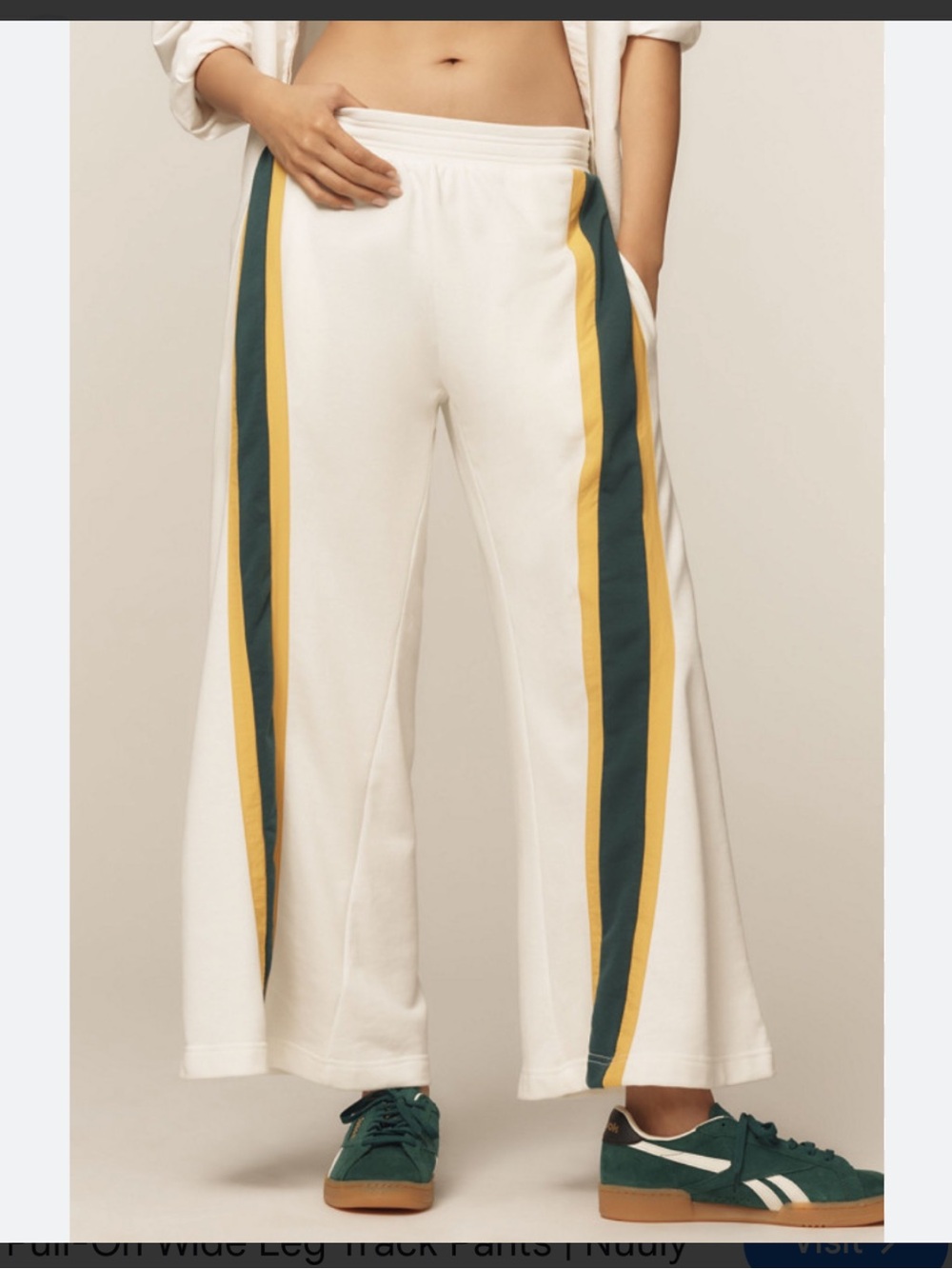 Anthropologie White Sweatshirt with Mustard and Dark Green Stripes